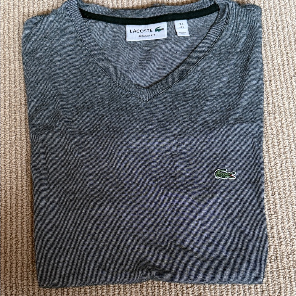 Lacoste Gray V-Neck Tee with Green Croc Logo Size S